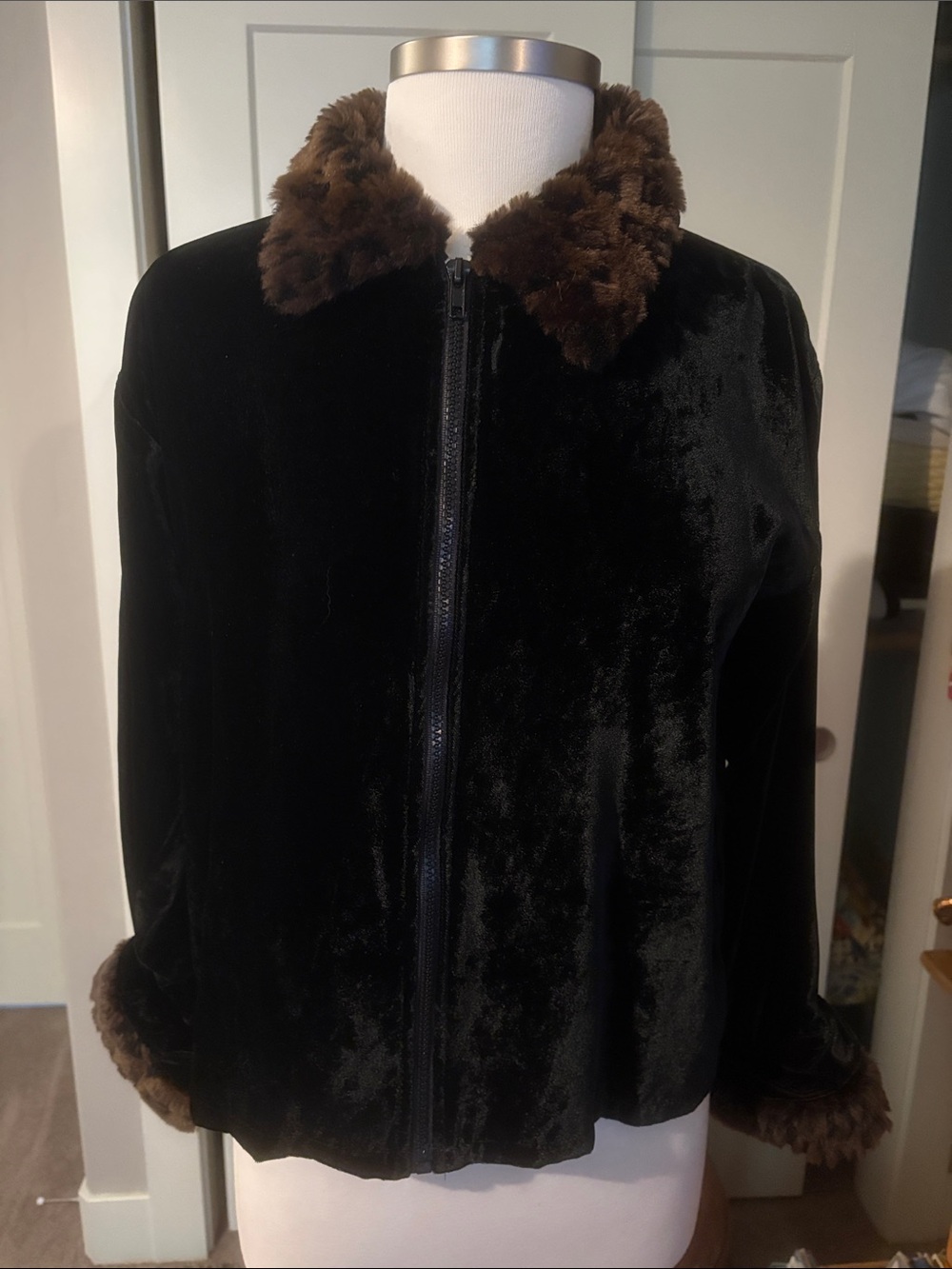 Tasha Polizzi Black Velvet crop Jacket with Brown Faux Fur Trim